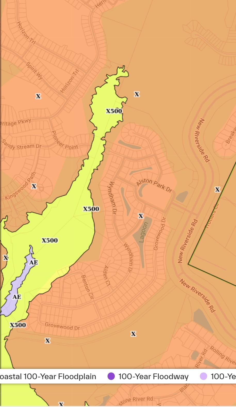 FEMA flood zone map of Alston Park in Bluffton SC showing the neighborhood primarily in Zone X with a Zone X500 area to the west, as of 9-29-26