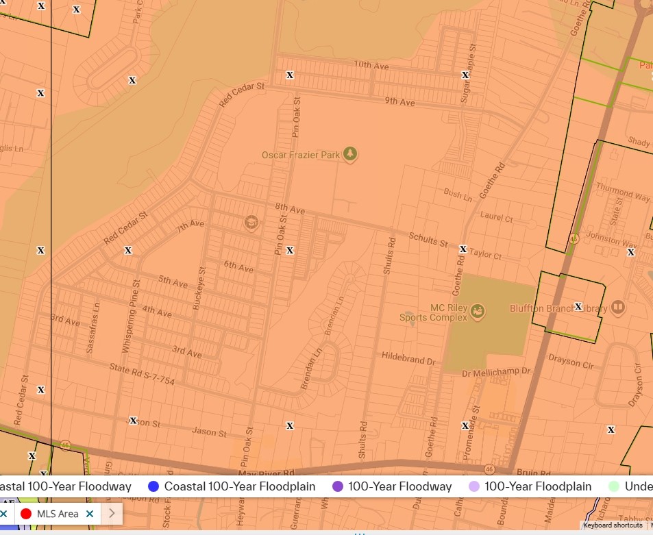 FEMA flood zone map of Bluffton Park in Old Town Bluffton SC showing Zone X around Red Cedar Street, Pin Oak Street and Oscar Frazier Park as of 9-28-26