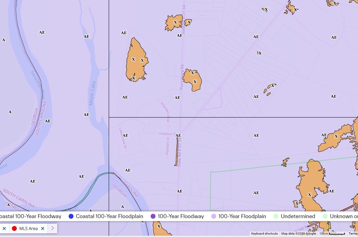 FEMA flood zone map of Cypress Landing in Hardeeville SC showing Zone AE along Planters Court, Planters Row, and Harbour Drive