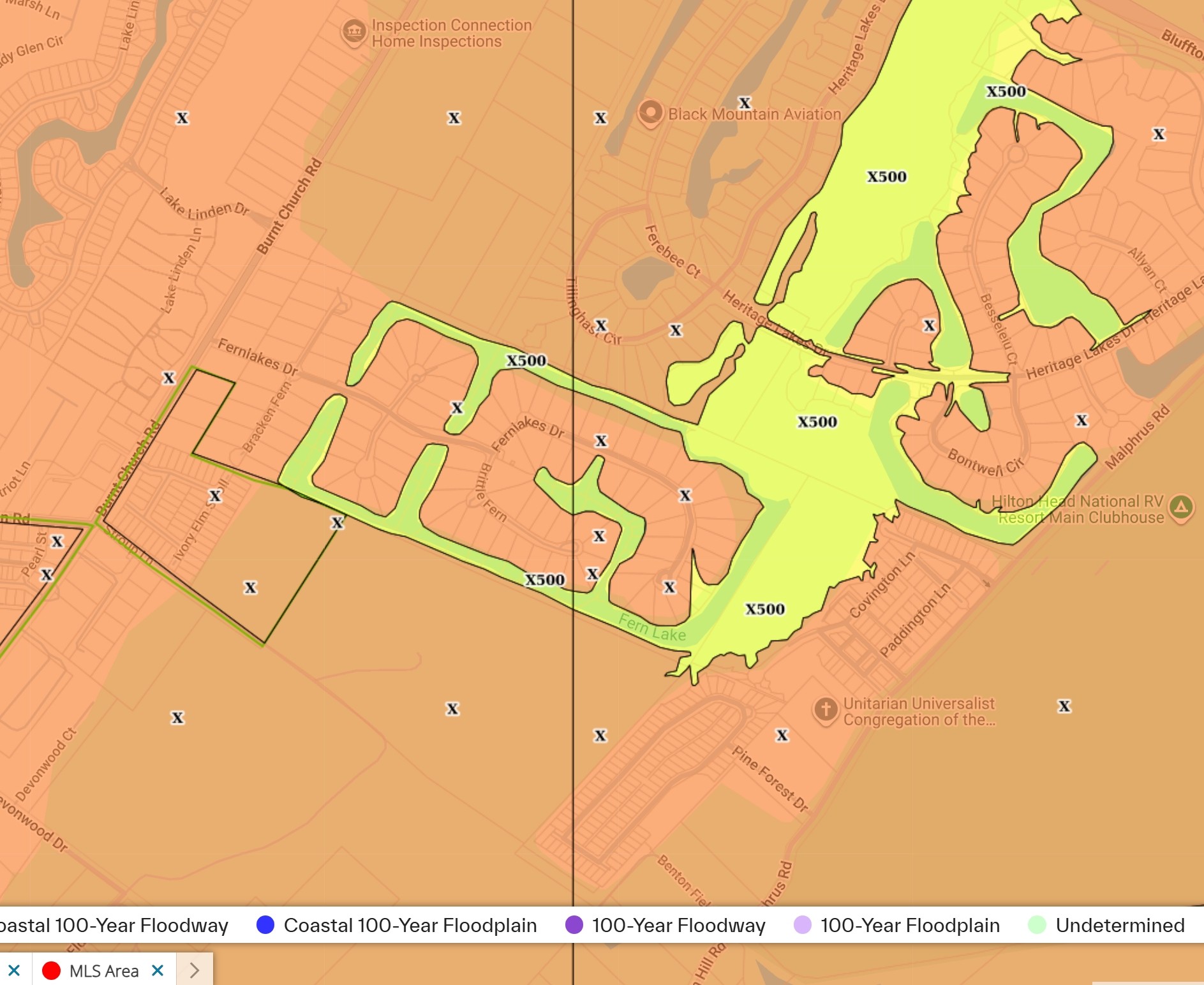 FEMA flood zone map of the Fernlakes neighborhood in Bluffton, SC, showing Zone X and Zone X500 areas as of September 14, 2026