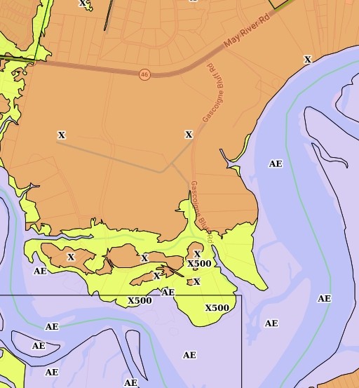 FEMA flood zone map of Gascoigne Bluff in Bluffton, SC showing Zone X, Zone X500, and Zone AE designations along May River Road and the May River, as of September 12, 2026