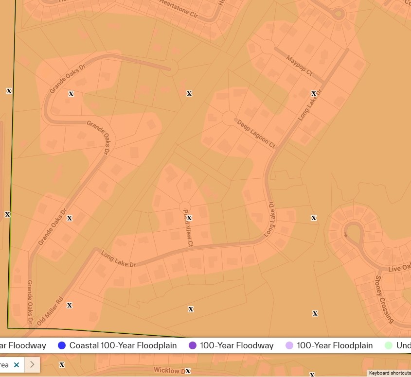 FEMA flood zone map of Grande Oaks in Bluffton SC showing Grande Oaks Drive, Long Lake Drive, Pond View Court, Deep Lagoon Court, and Maypop Court in Flood Zone X as of 9-29-26