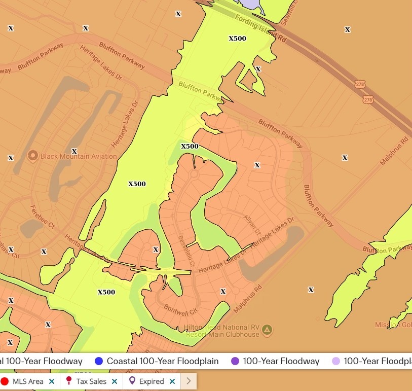 FEMA flood zone map of Heritage Lakes in Bluffton SC showing Zone X with shaded Zone X (X500) along wetland and lagoon areas, as of 9-24-26