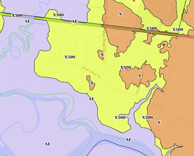 FEMA flood zone map of May River Plantation in Bluffton, SC showing AE and X500 flood zones