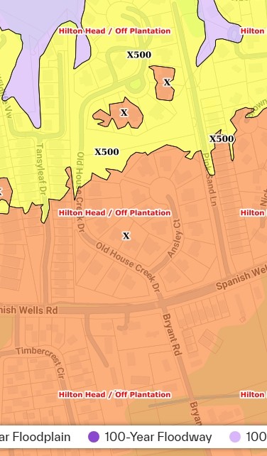 FEMA flood zone map of Old House Creek on Hilton Head Island, SC, showing Zone X and Zone X500 designations