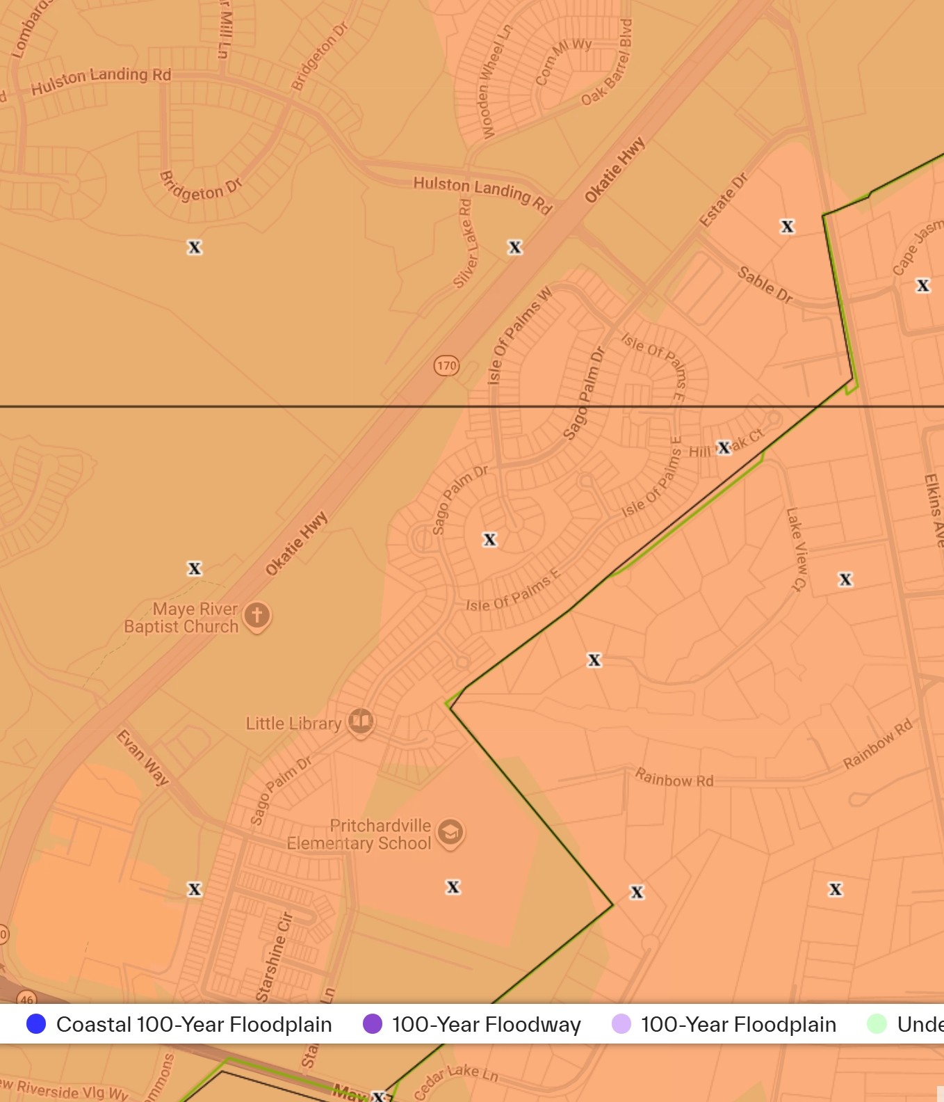 FEMA flood zone map of Palmetto Pointe in Bluffton SC showing Zone X along Sago Palm Drive and Isle of Palms near Okatie Highway, as of 10-4-26