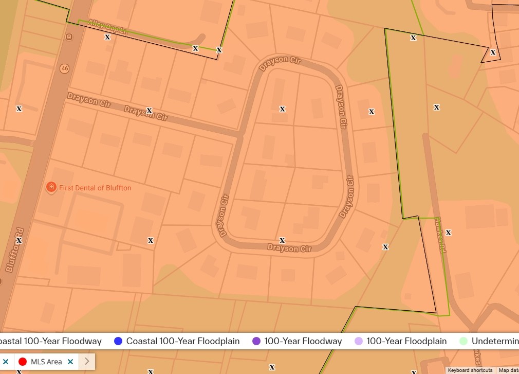 FEMA flood zone map of Pinewood on Drayson Circle in Bluffton SC showing Zone X, as of 9-23-26
