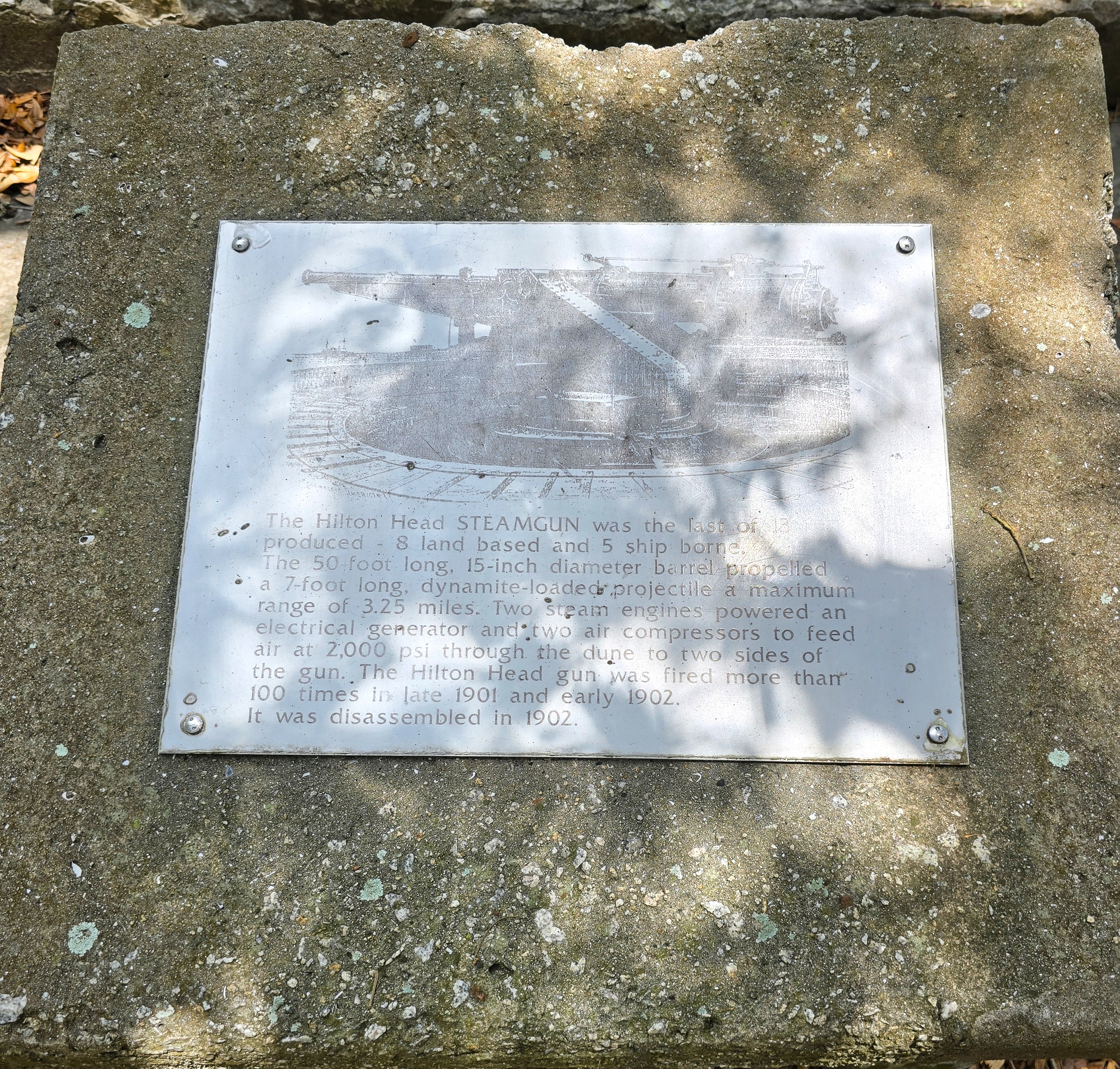 Historical placard describing the steam cannon at Port Royal Plantation, Hilton Head Island SC