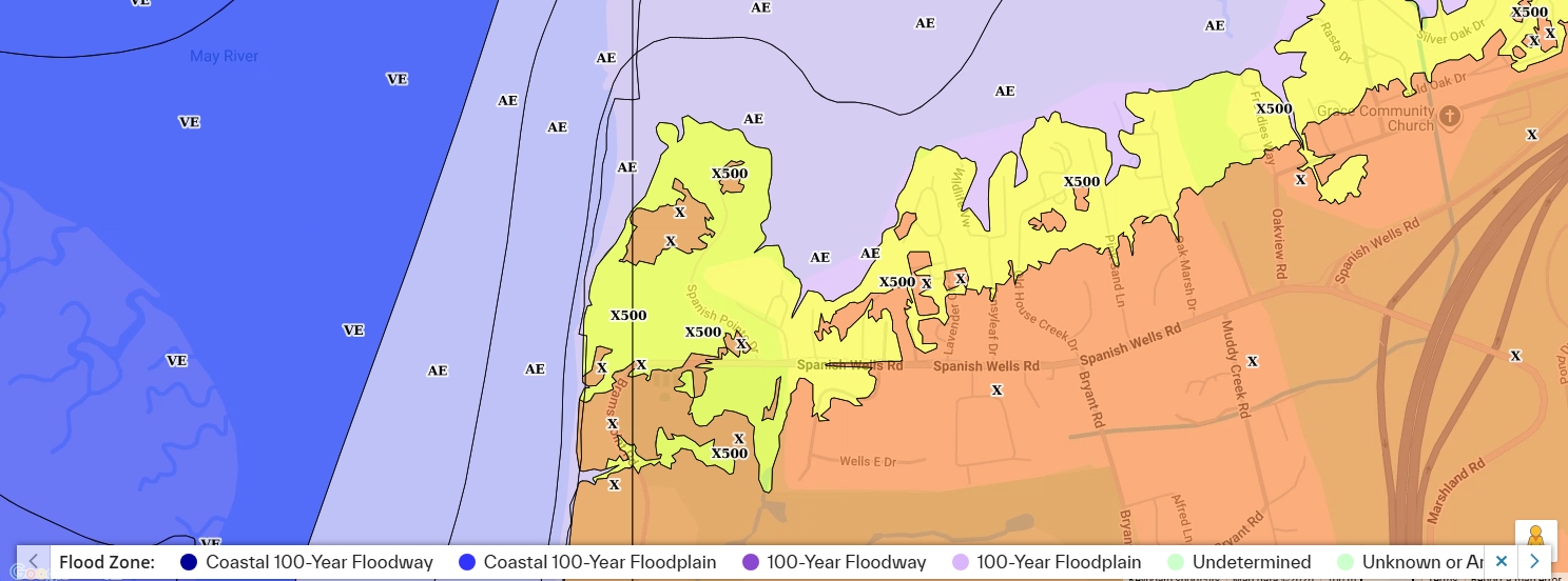 FEMA flood zone map showing X, X500, and AE zones across the Spanish Wells and Spanish Pointe area of Hilton Head Island