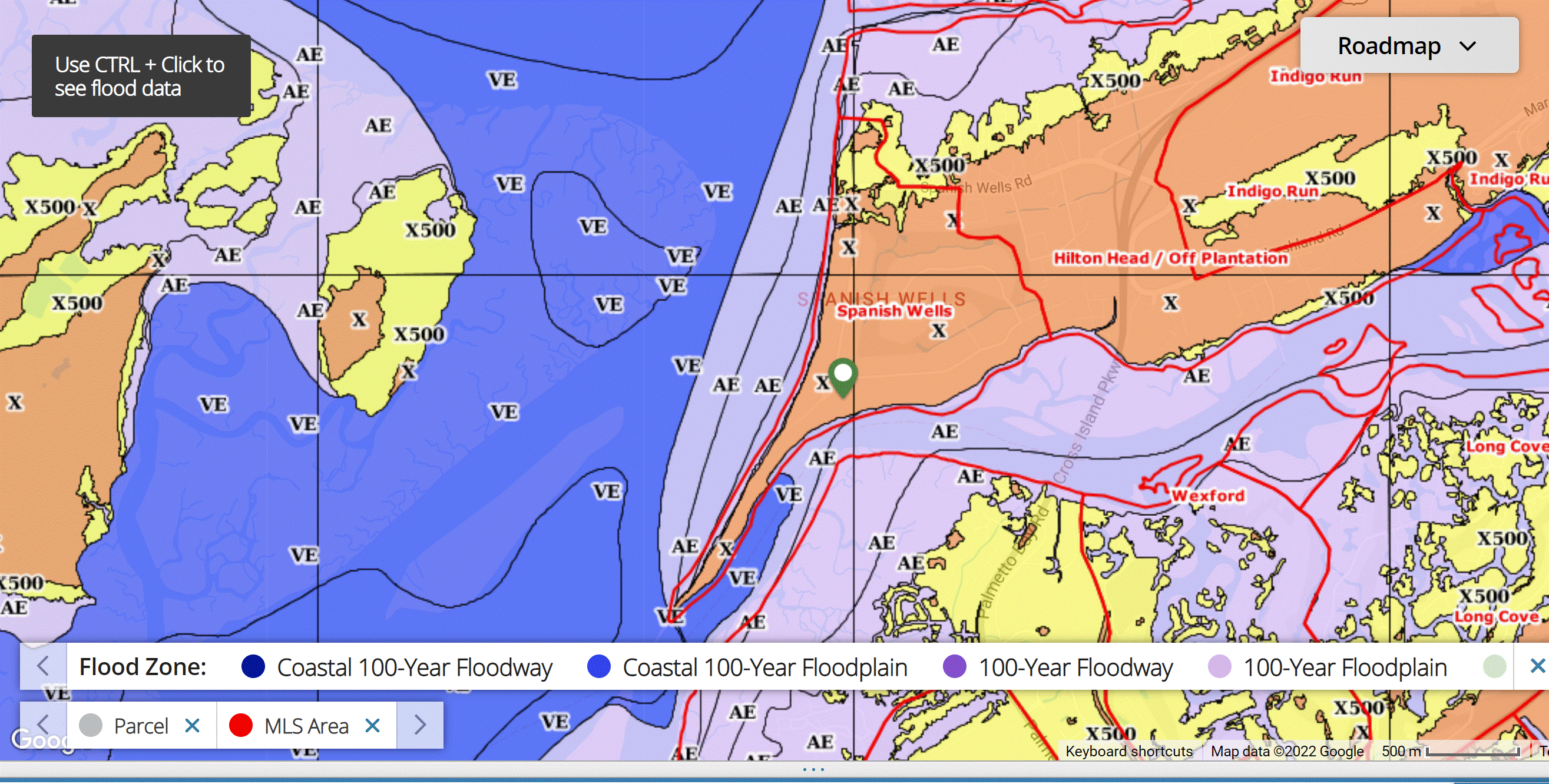 FEMA flood zone map for Spanish Wells Plantation Hilton Head Island SC showing X zone designation on most of the community