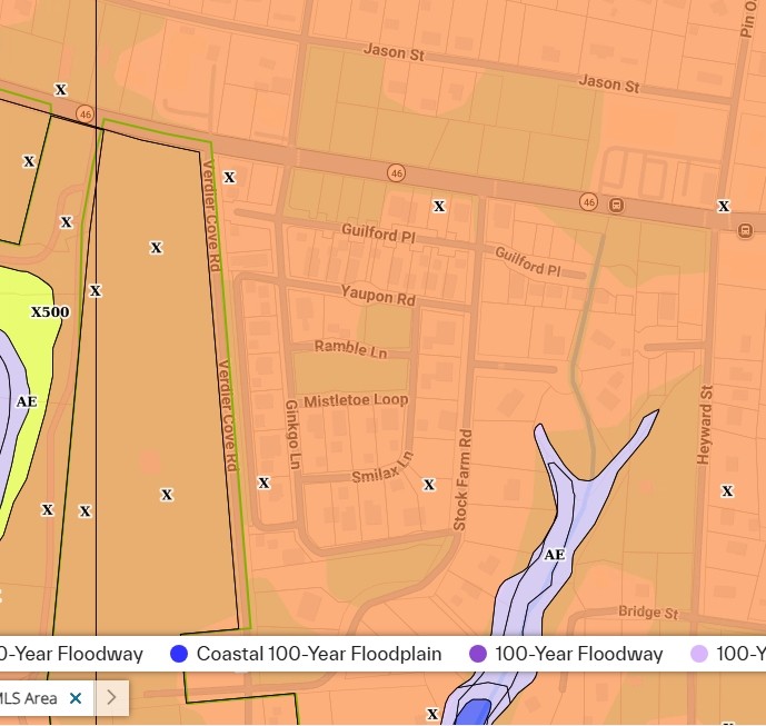 FEMA flood zone map of Stock Farm in Old Town Bluffton SC reviewed 9-24-26 showing Stock Farm properties predominantly in Zone X