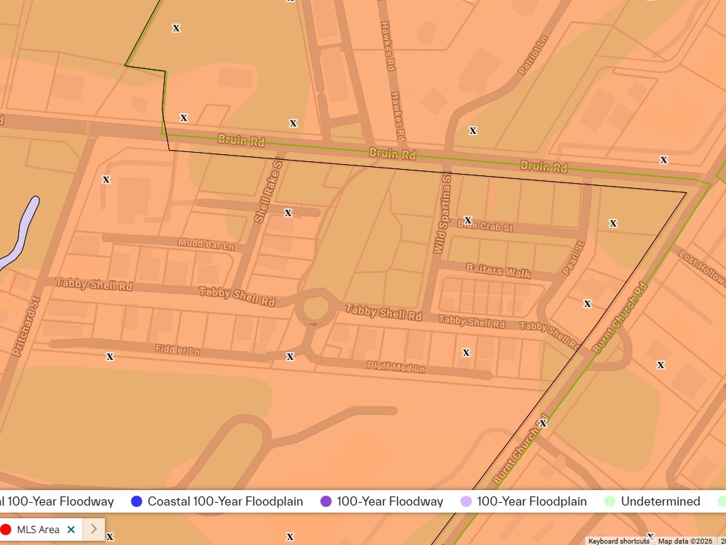 FEMA flood map of Tabby Roads in Old Town Bluffton SC as of 9-30-26 showing Tabby Shell Road, Bruin Road, and Burnt Church Road in Flood Zone X