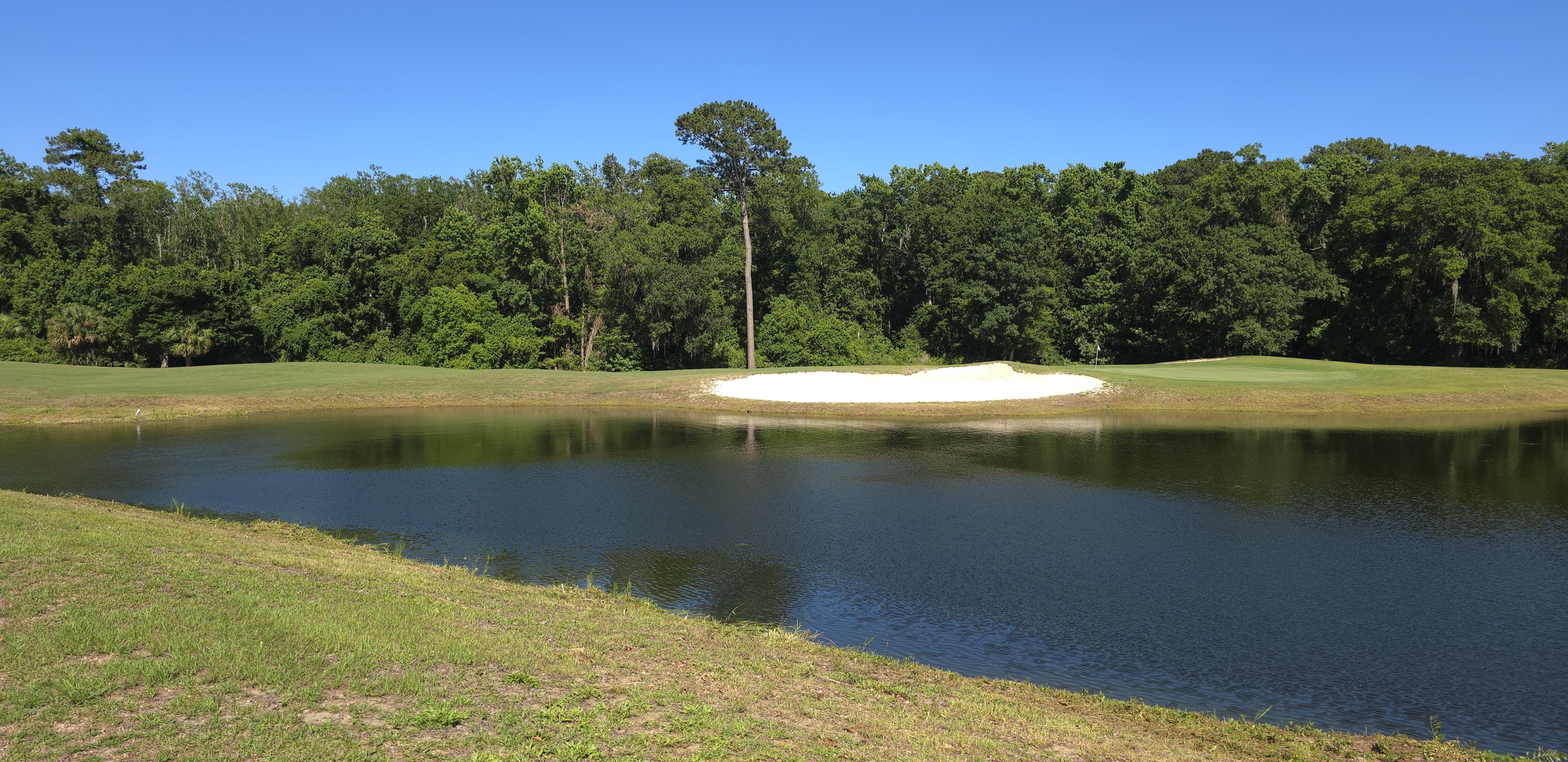 Lagoon and sand trap on the Crescent Pointe Golf Course in Bluffton SC with old-growth pines and oaks in the background
