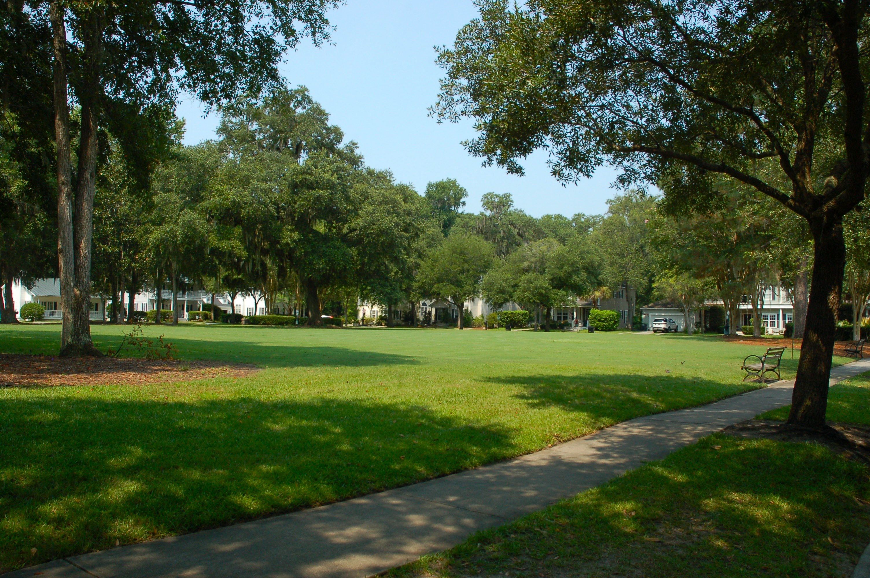 One of the many park-like squares in Westbury Park in Bluffton, SC
