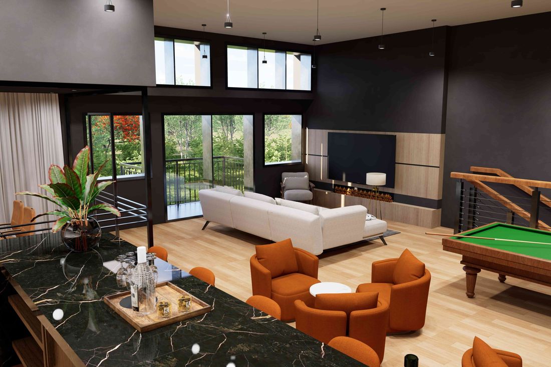 Mezzanine lounge with bar, seating and billiards