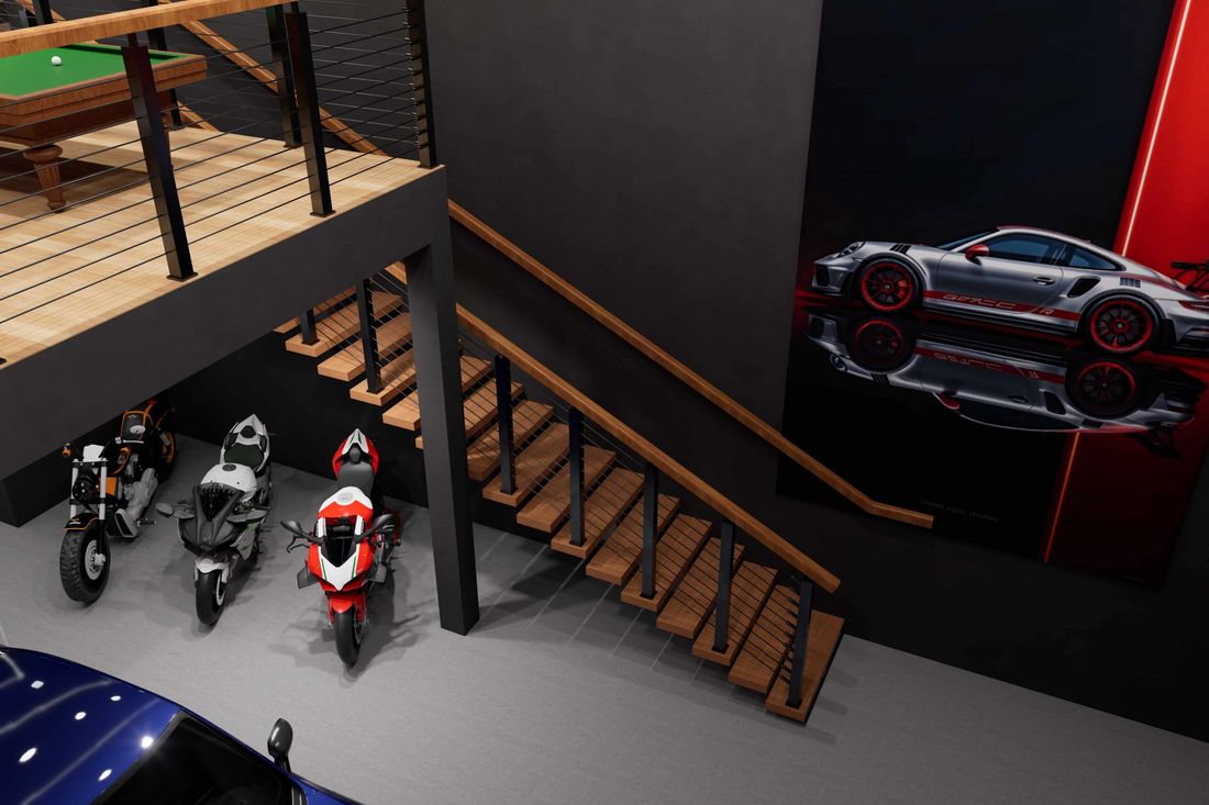 Motorcycles beneath the mezzanine staircase