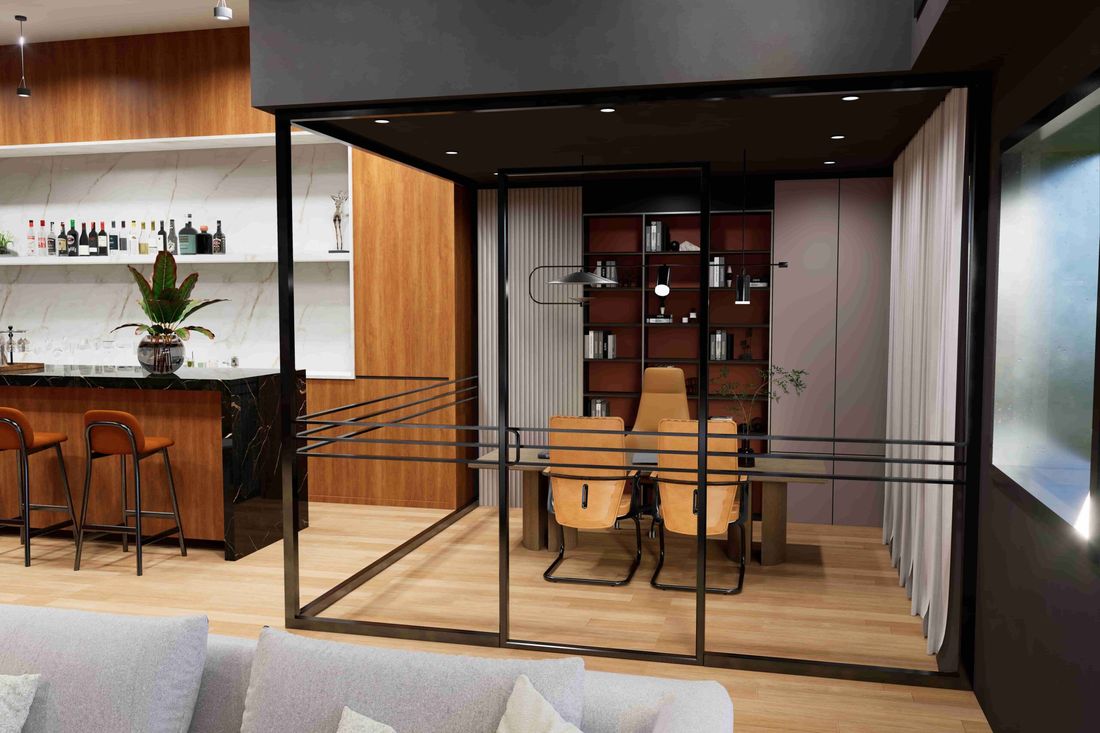 Glass-walled office and bar on the mezzanine