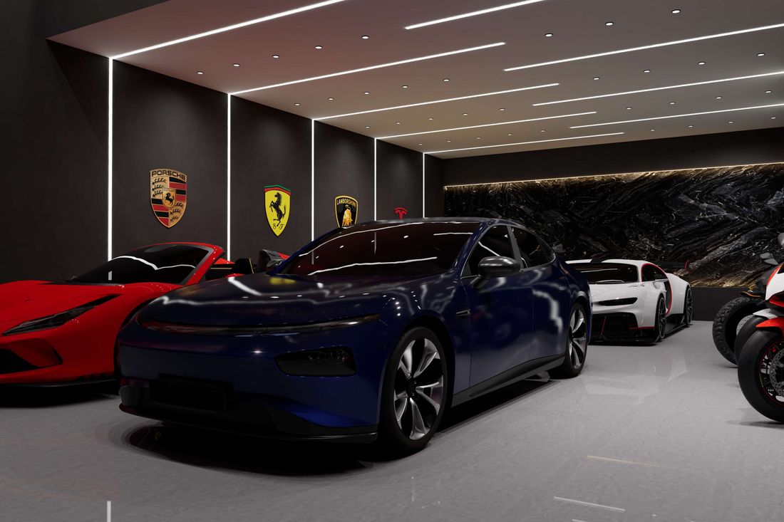 Auto suite gallery with LED ceiling lighting