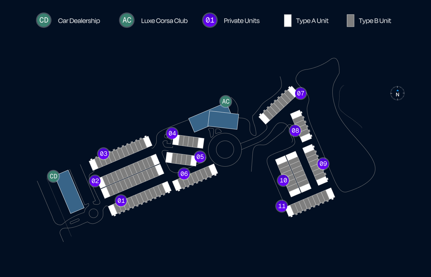REVAULT site plan showing suite buildings, the Luxe Corsa Club and Type A and Type B units