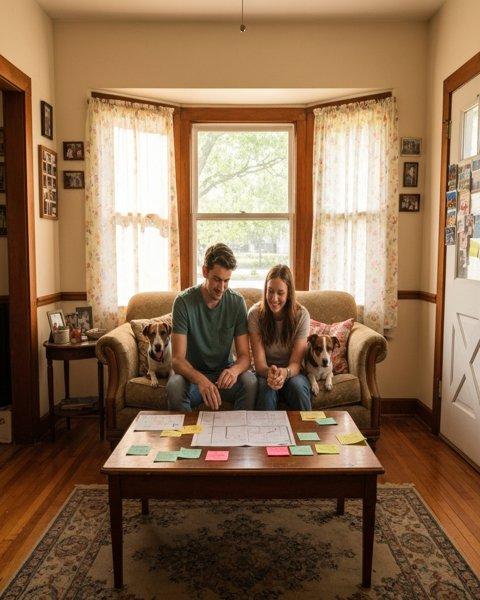 Couple planning their move in a cozy living room with two dogs and notes on the coffee table