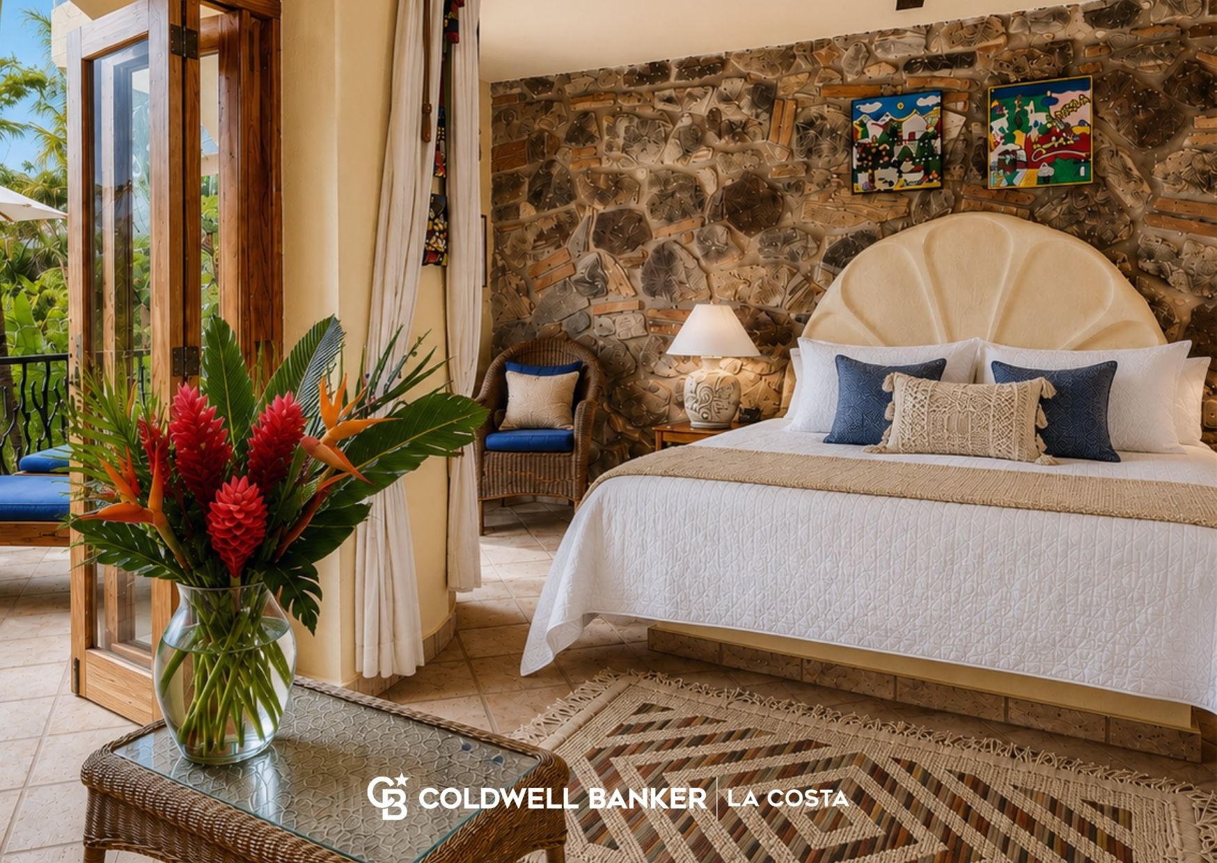 Furnished and staged vacation rental living room with ocean view in Puerto Vallarta