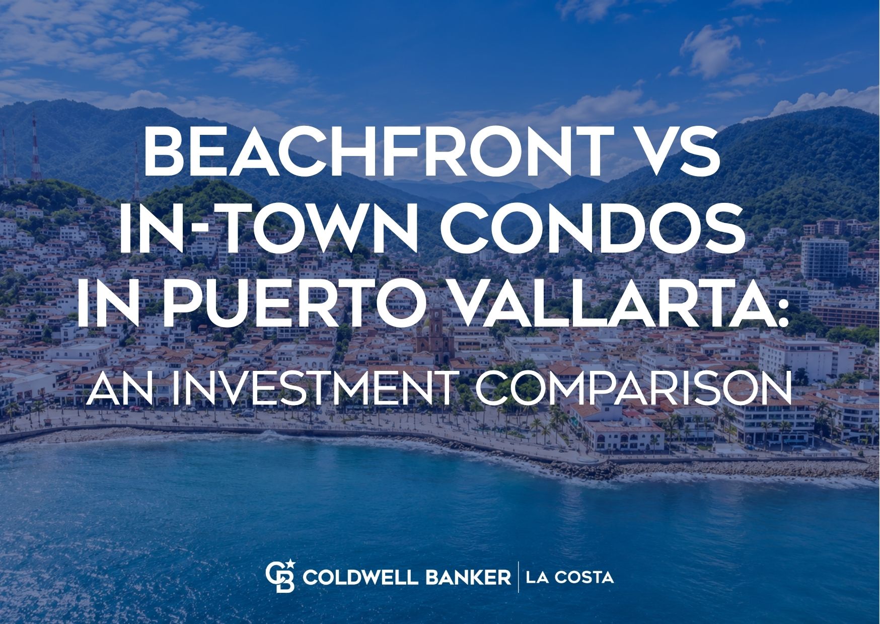 A split comparison of a beachfront condo tower and an in-town condo building in Puerto Vallarta