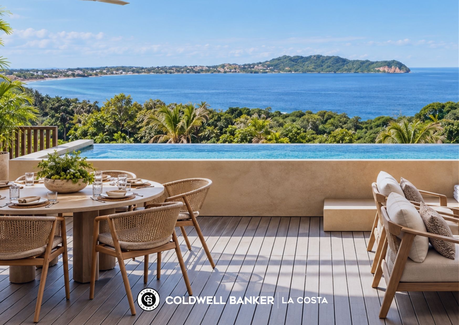 Terraza con vista al mar y alberca infinita frente a la costa del Pacífico de Riviera Nayarit cerca de Litibú