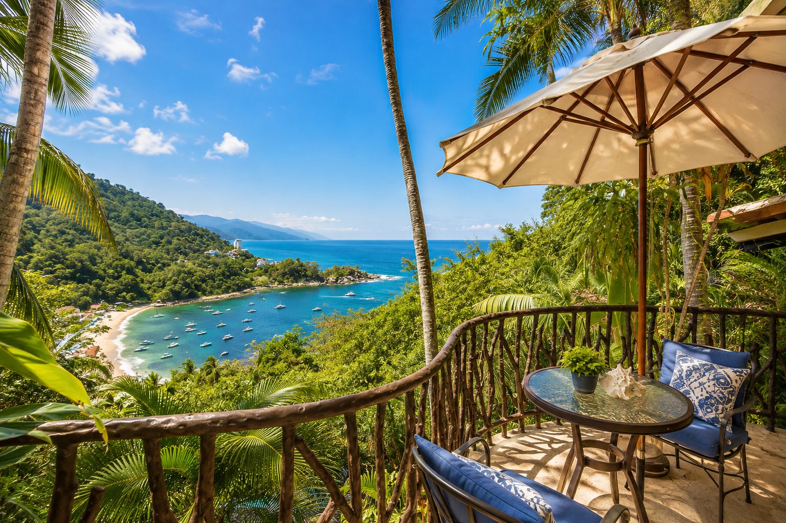 Covered terrace seating with a view of Mismaloya cove and the coastline