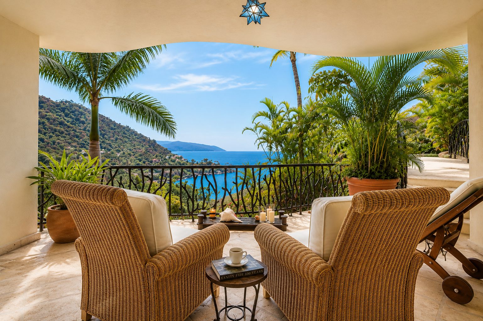 Covered terrace sitting area framing the bay and mountains