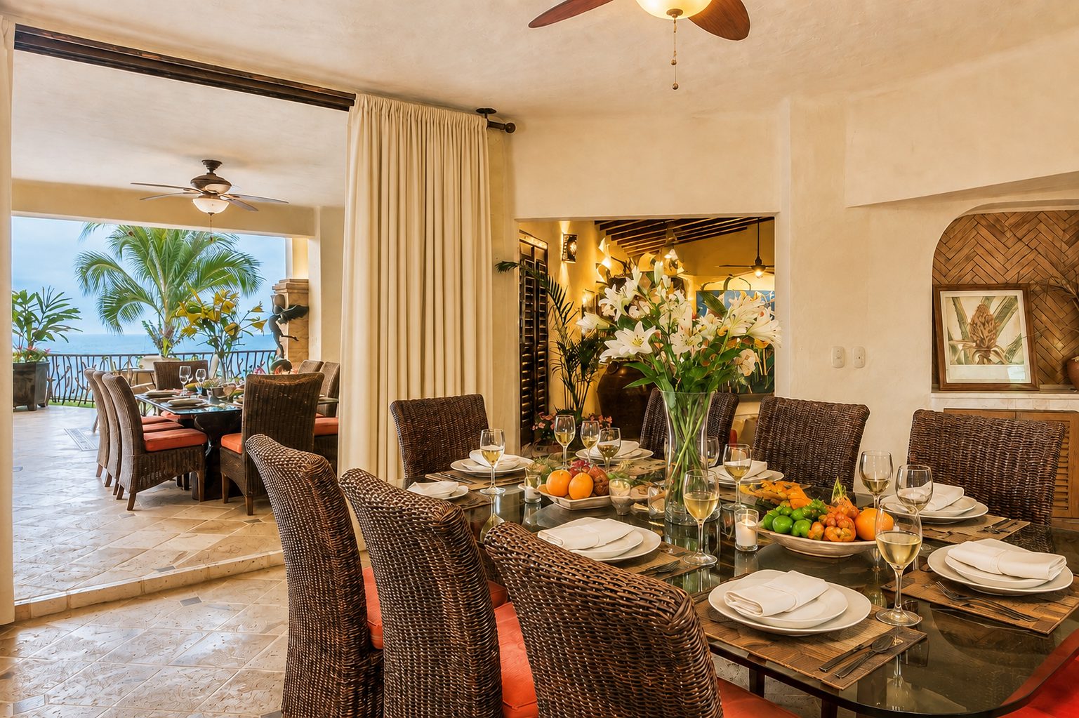 Dining room opening to the terrace and ocean view