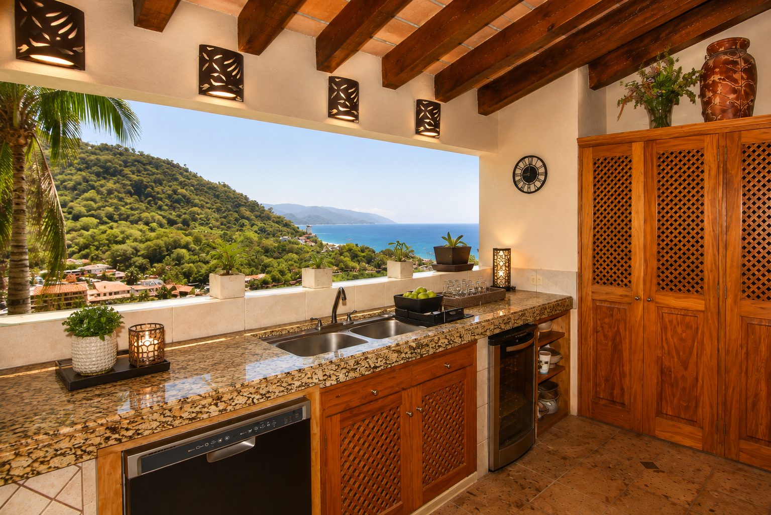 Kitchen counter with an open window to the bay