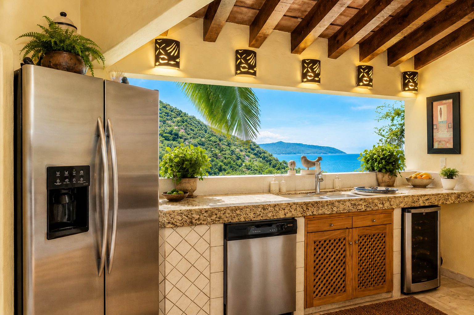 Second kitchen with ocean-view window and stainless appliances