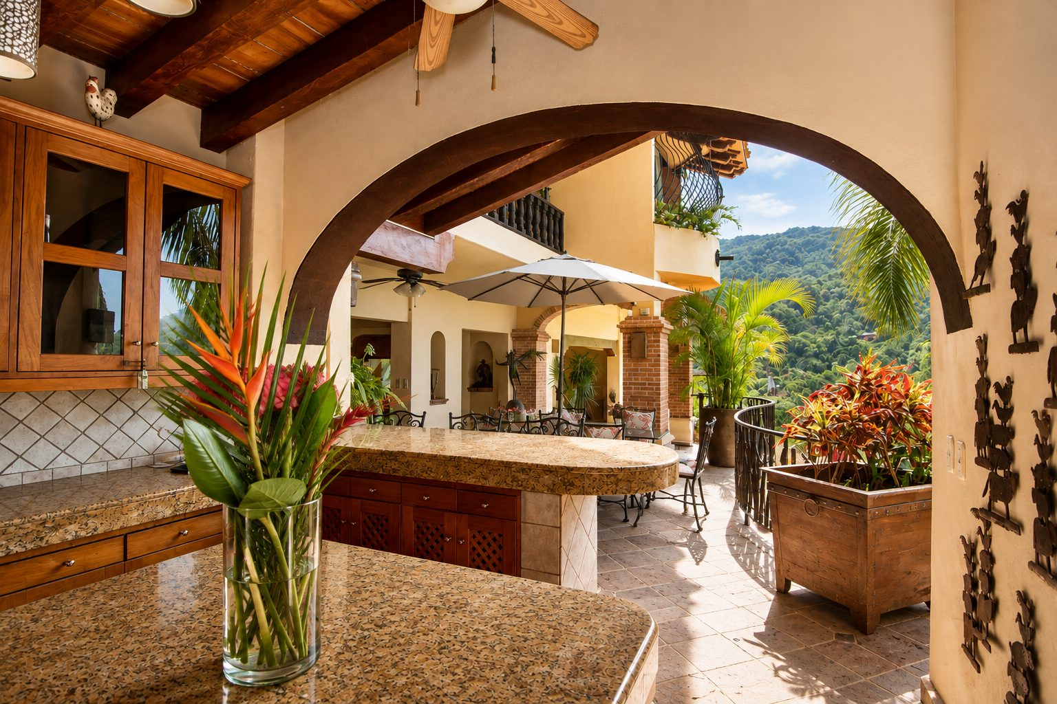 Bar counter under a stone arch opening to the terraces