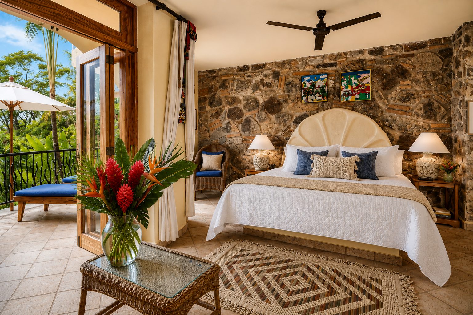 Bedroom suite with stone accent wall opening to a terrace