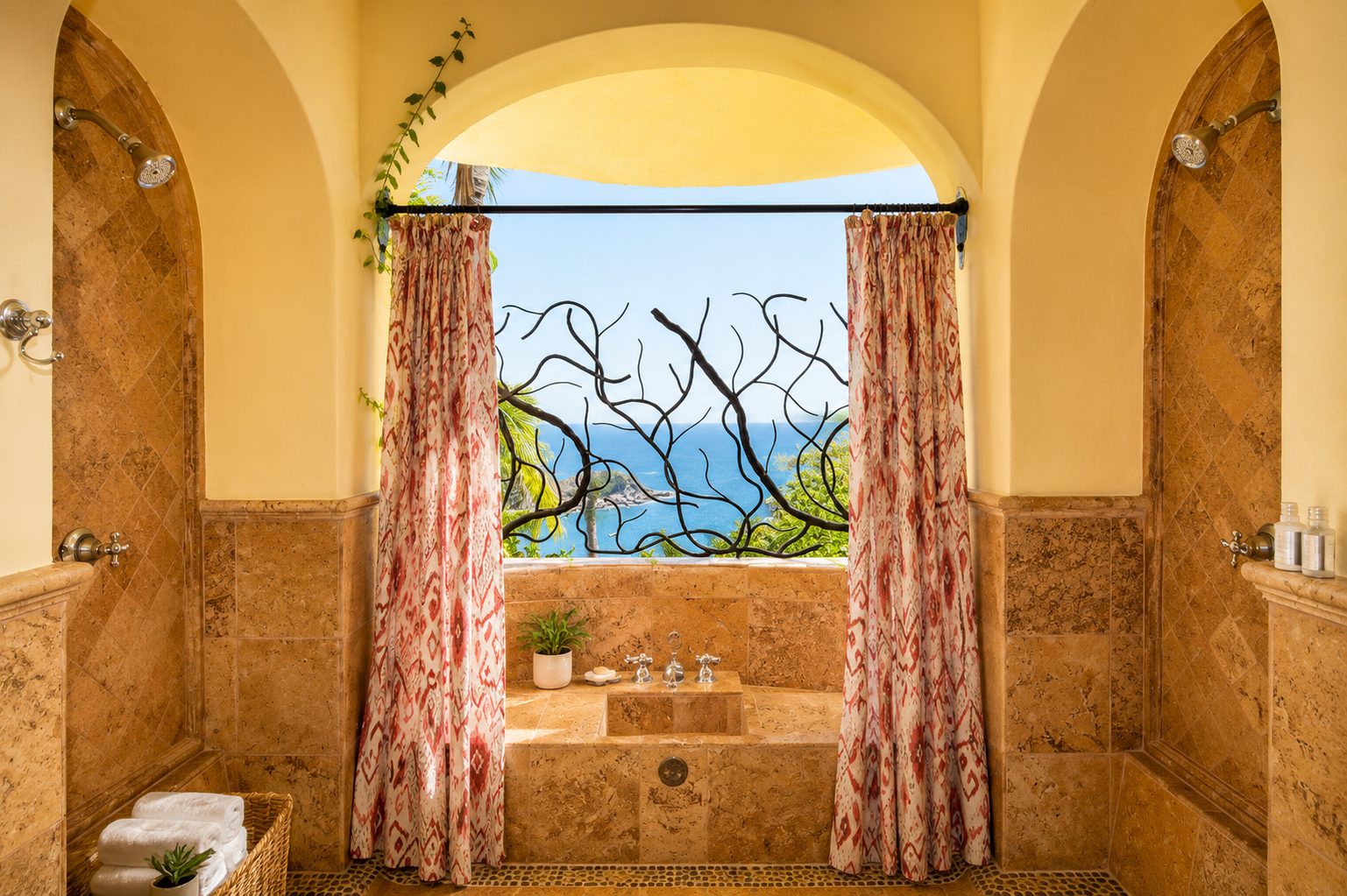 Bathroom with soaking tub framed by an ocean-view window