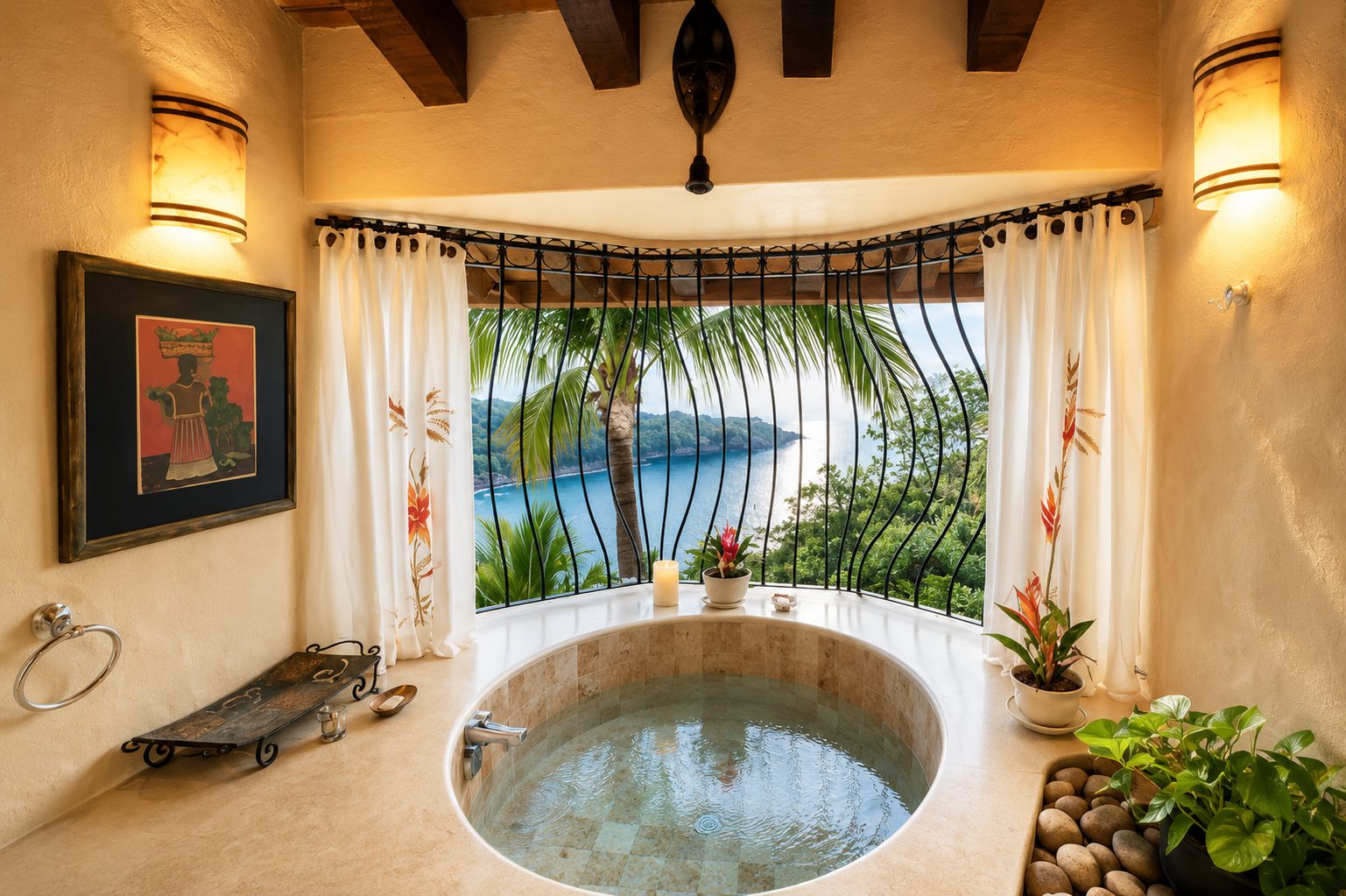 Round soaking tub beneath an ironwork window facing the bay