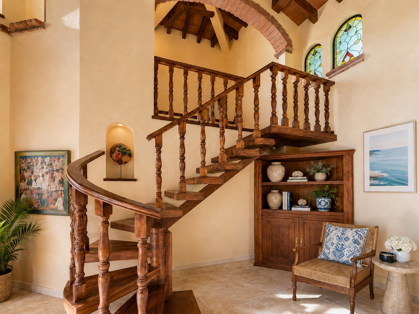 Two-level penthouse with carved wood staircase to the loft