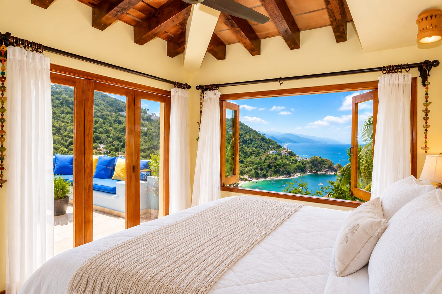 Penthouse bedroom with open windows to Mismaloya Bay