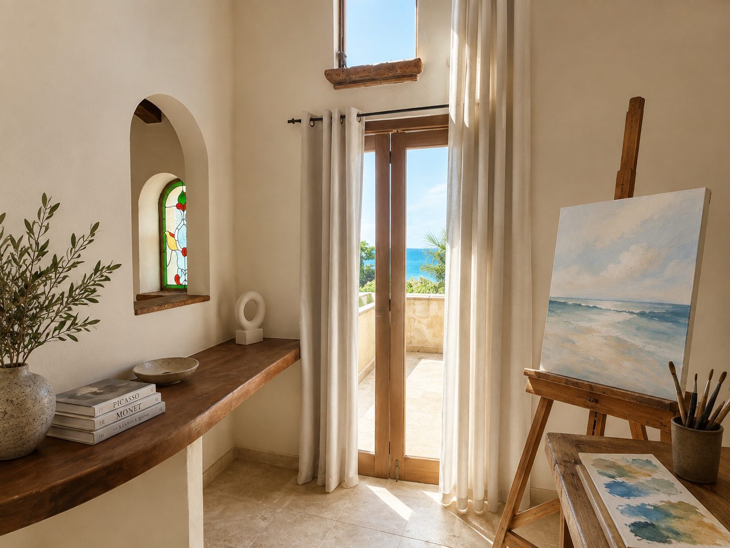Penthouse studio area with desk and terrace door