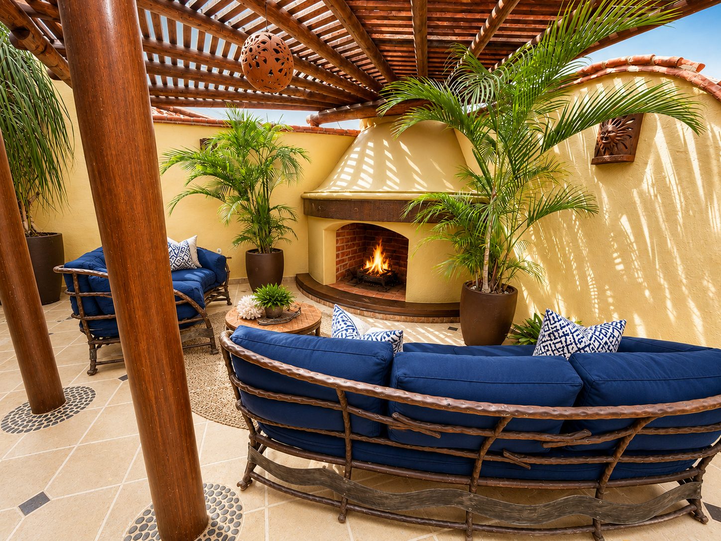 Rooftop lounge around an outdoor fireplace under a pergola
