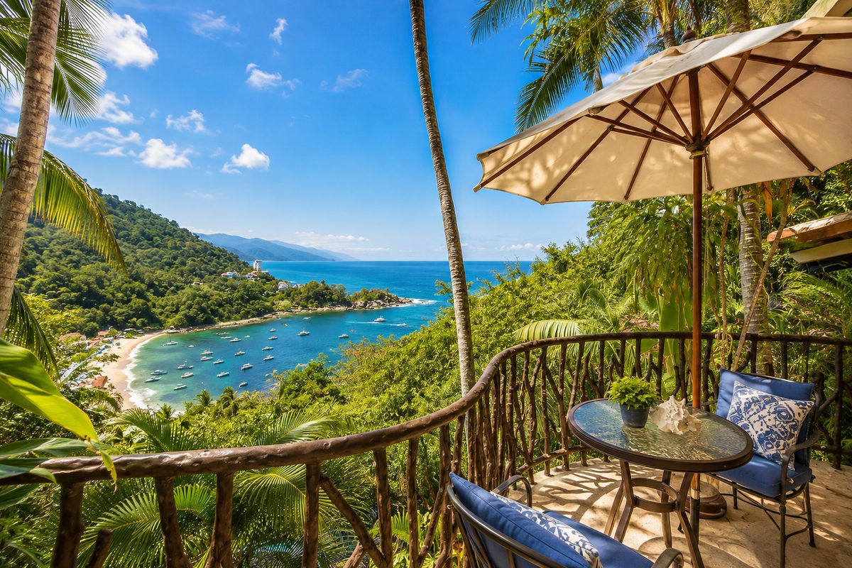 Terraza techada con mesa y sombrilla sobre la caleta de Mismaloya en Casa Kalista, Puerto Vallarta