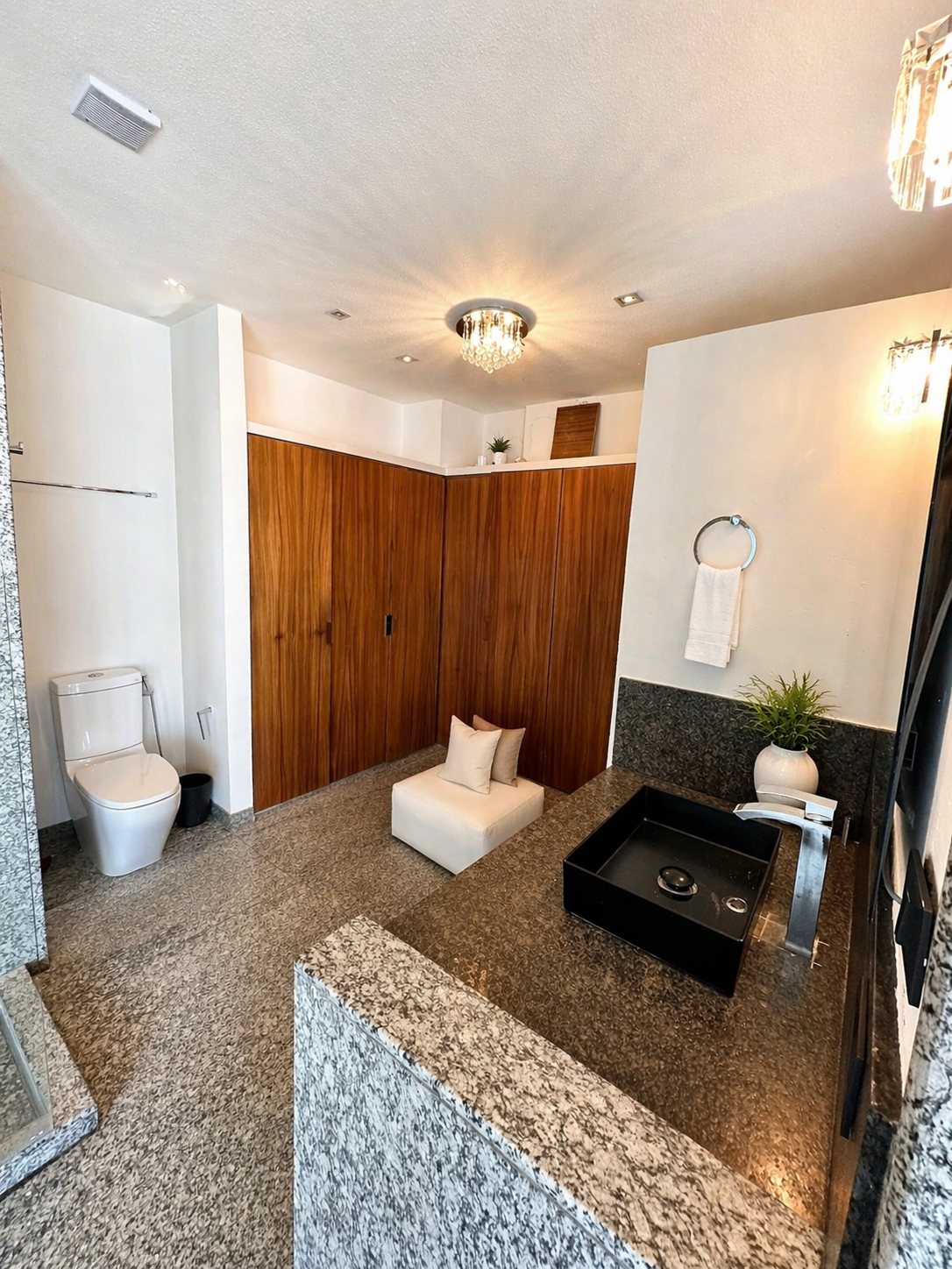 Baño con clósets de madera y lavabo negro sobre cubierta
