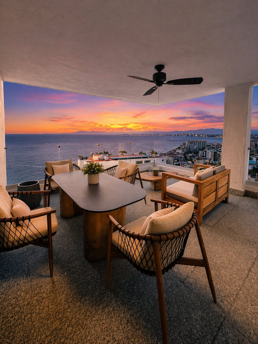 Terraza superior con comedor y sala exterior al atardecer