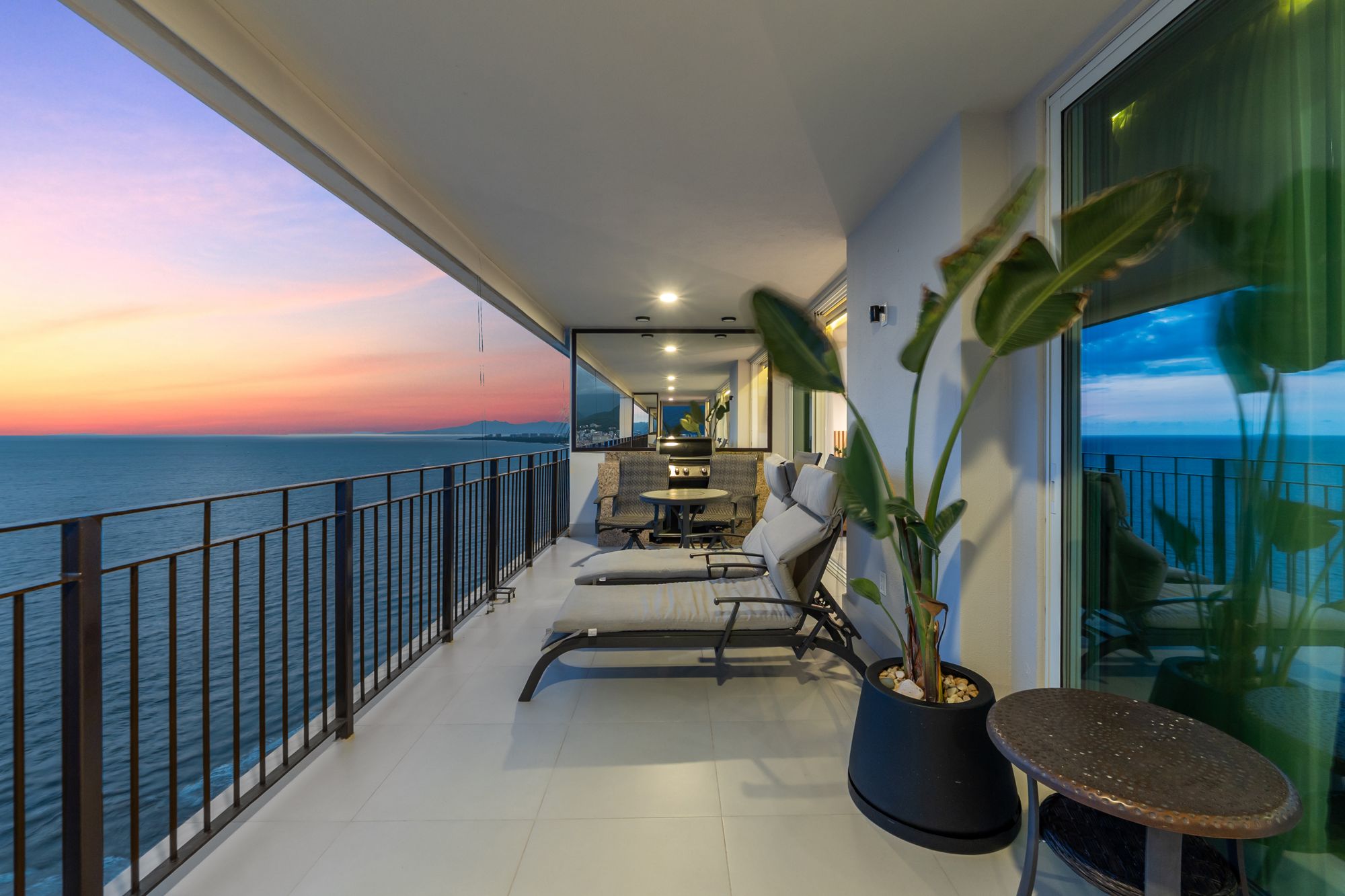 The full length of the terrace at dusk