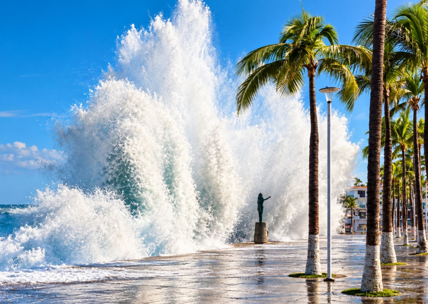 Large waves breaking along the Banderas Bay coastline in Puerto Vallarta after the 2026 hurricane swells