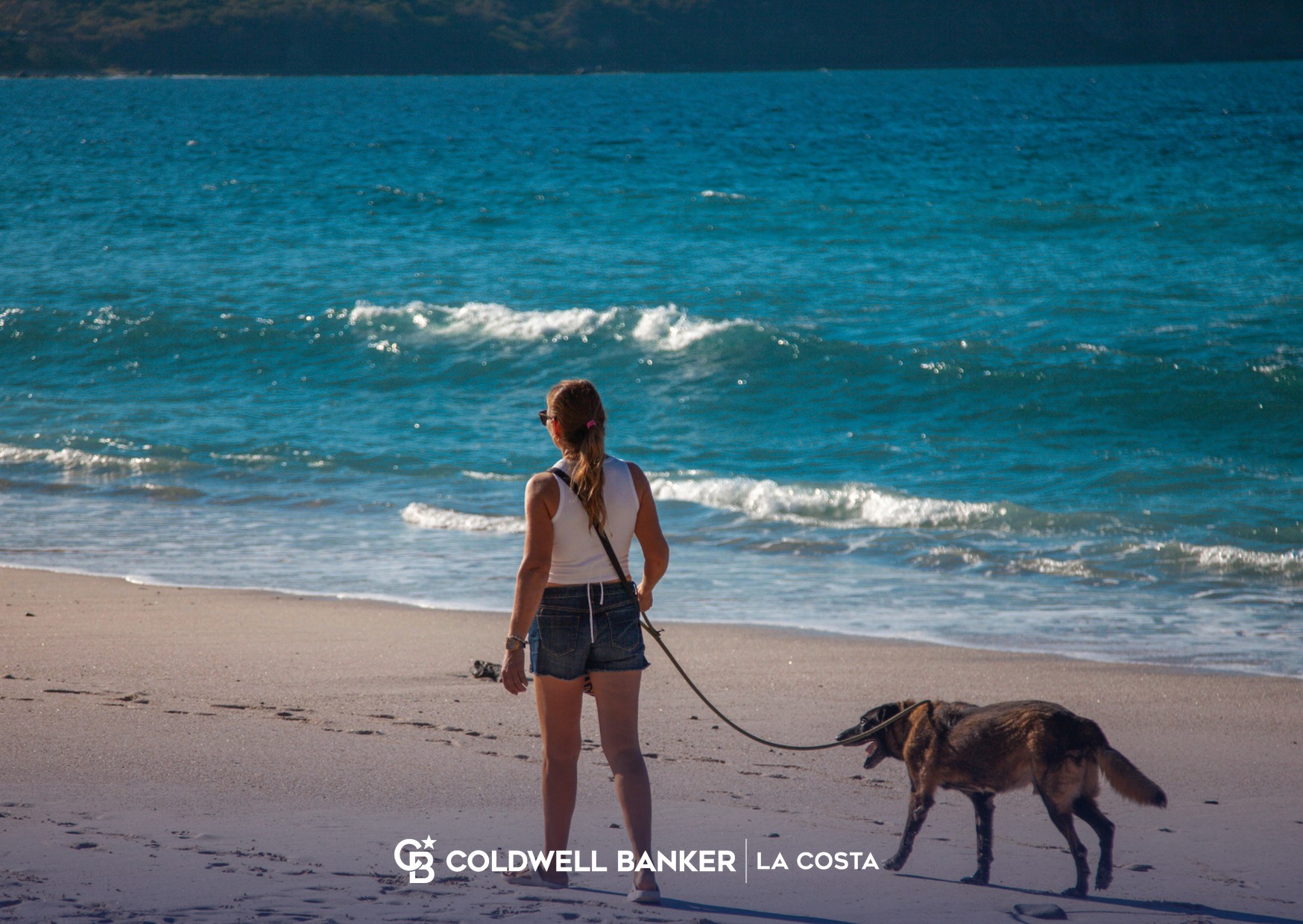 Mujer paseando a su perro por la orilla de una playa de Puerto Vallarta, un placer cotidiano y gratuito de la vida de jubilaci&oacute;n