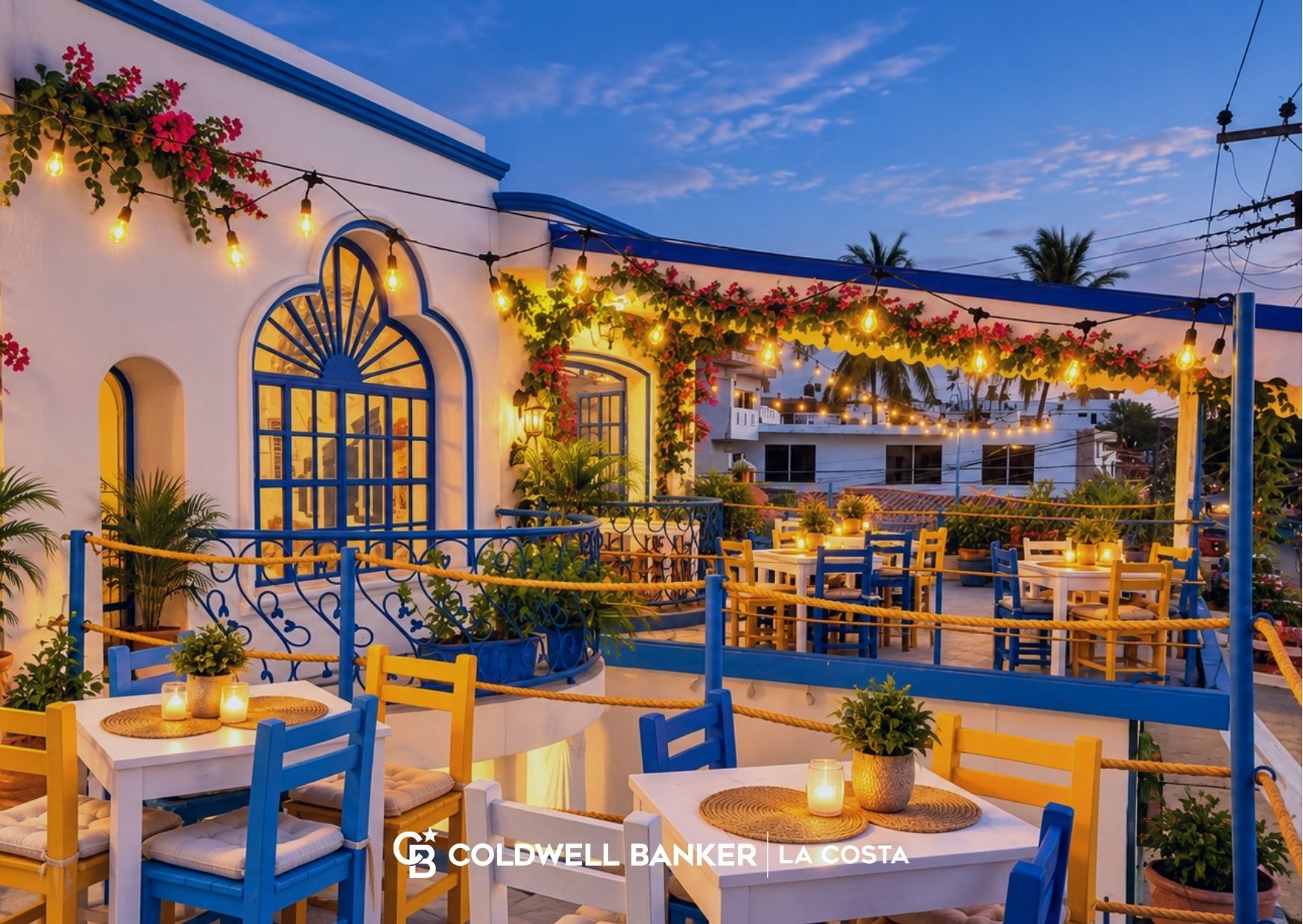 Rooftop restaurant terrace with string lights in a Puerto Vallarta neighborhood, illustrating the Versalles vs 5 de Diciembre lifestyle comparison