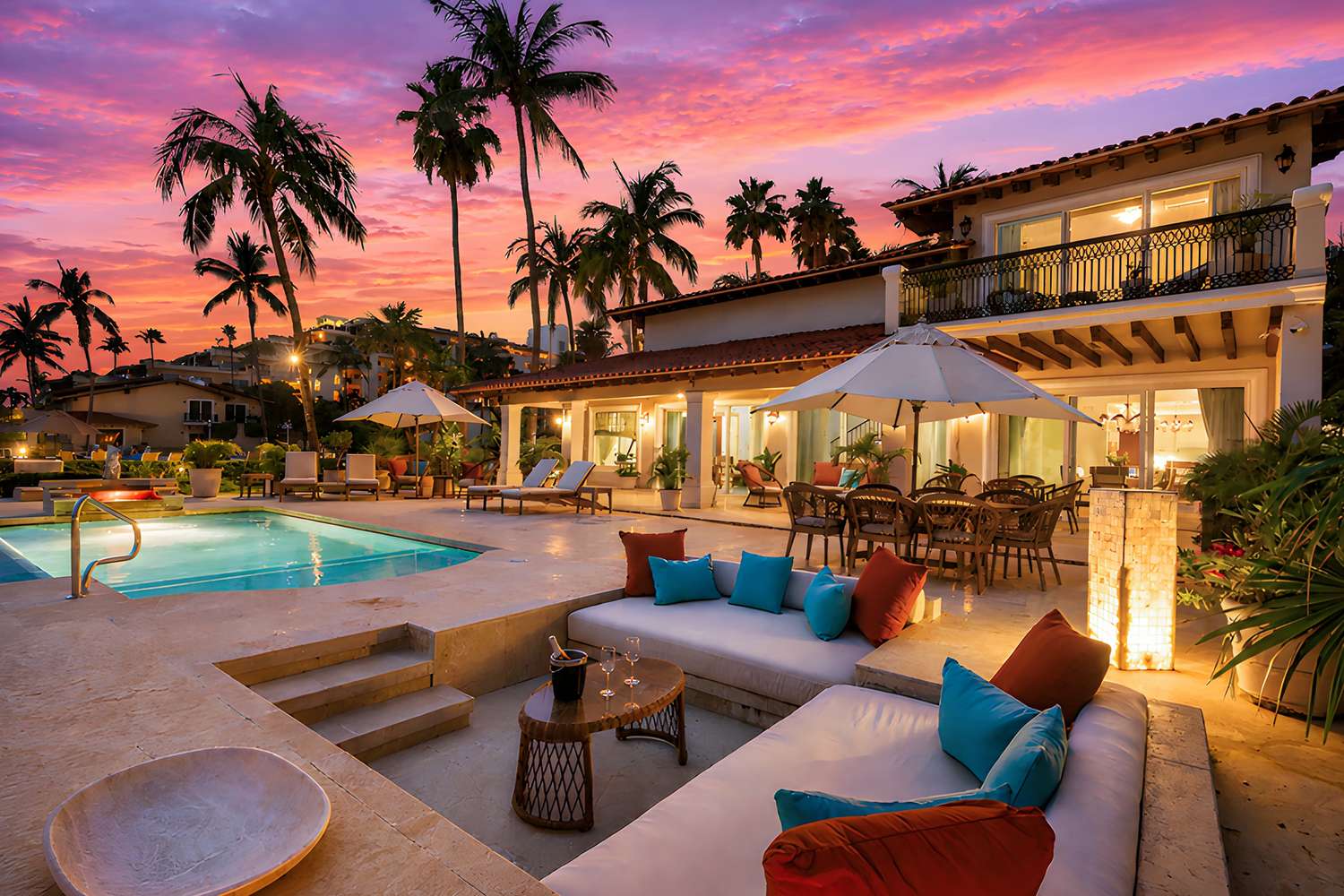 Pool terrace and sunken lounge at sunset