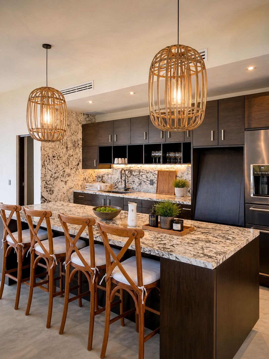 Cocina con isla de piedra, gabinetes de madera y lámparas tejidas