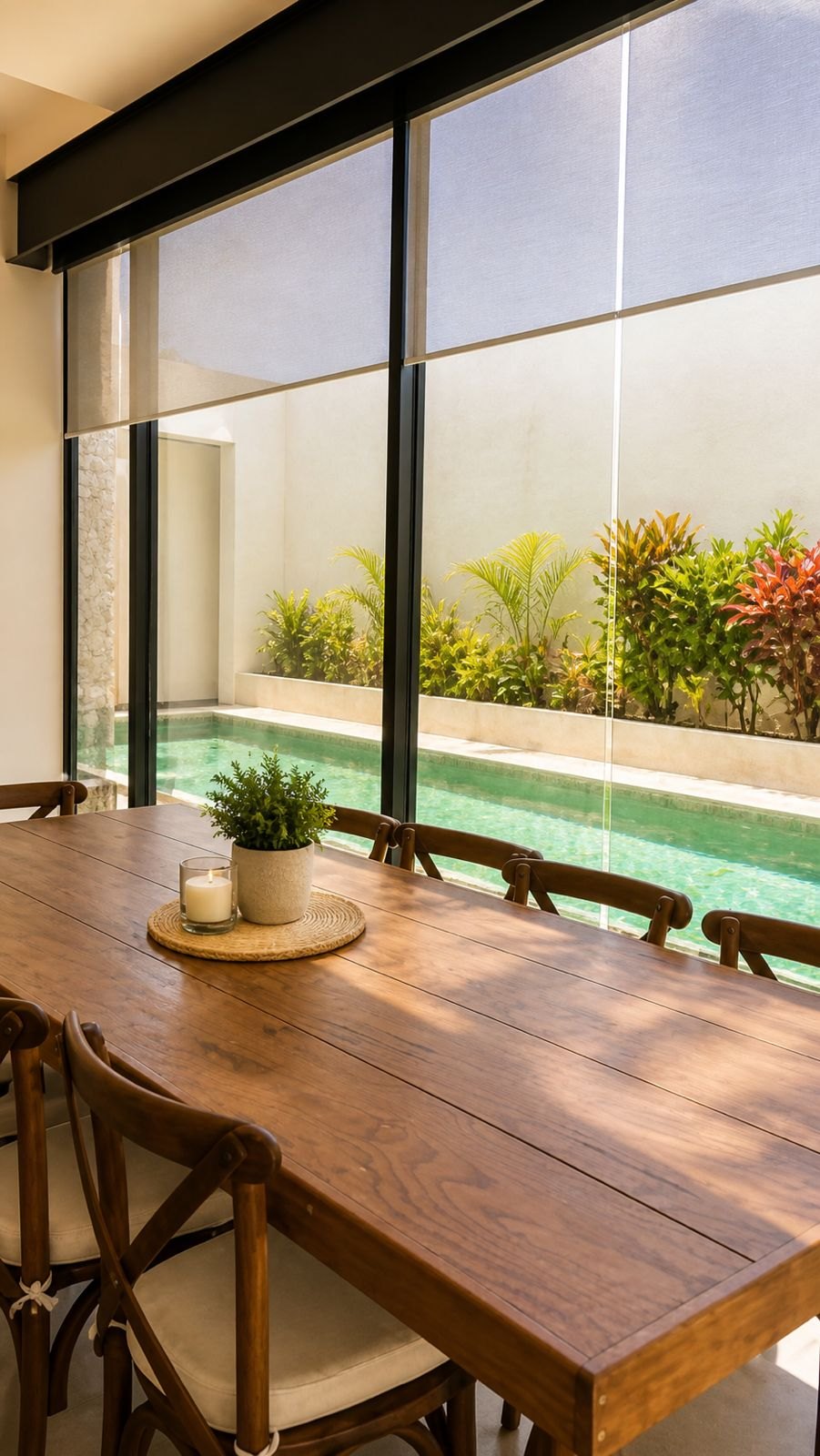 Comedor junto al muro de cristal y la alberca